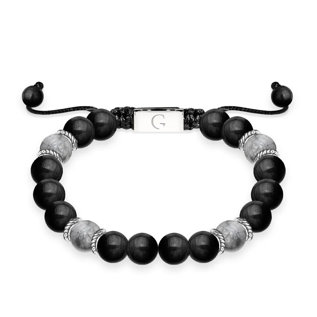Bracciale regolabile con perline semipreziose in diaspro grigio e agata nera
