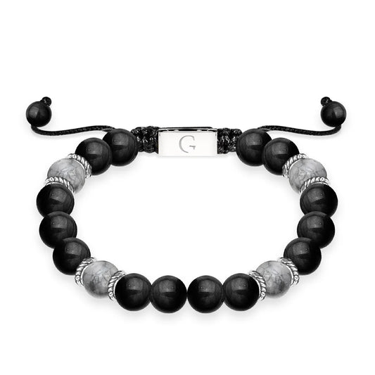 Bracciale regolabile con perline semipreziose in diaspro grigio e agata nera