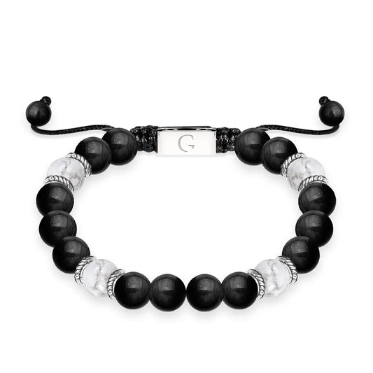 Bracciale regolabile con perline semipreziose in diaspro bianco e agata nera